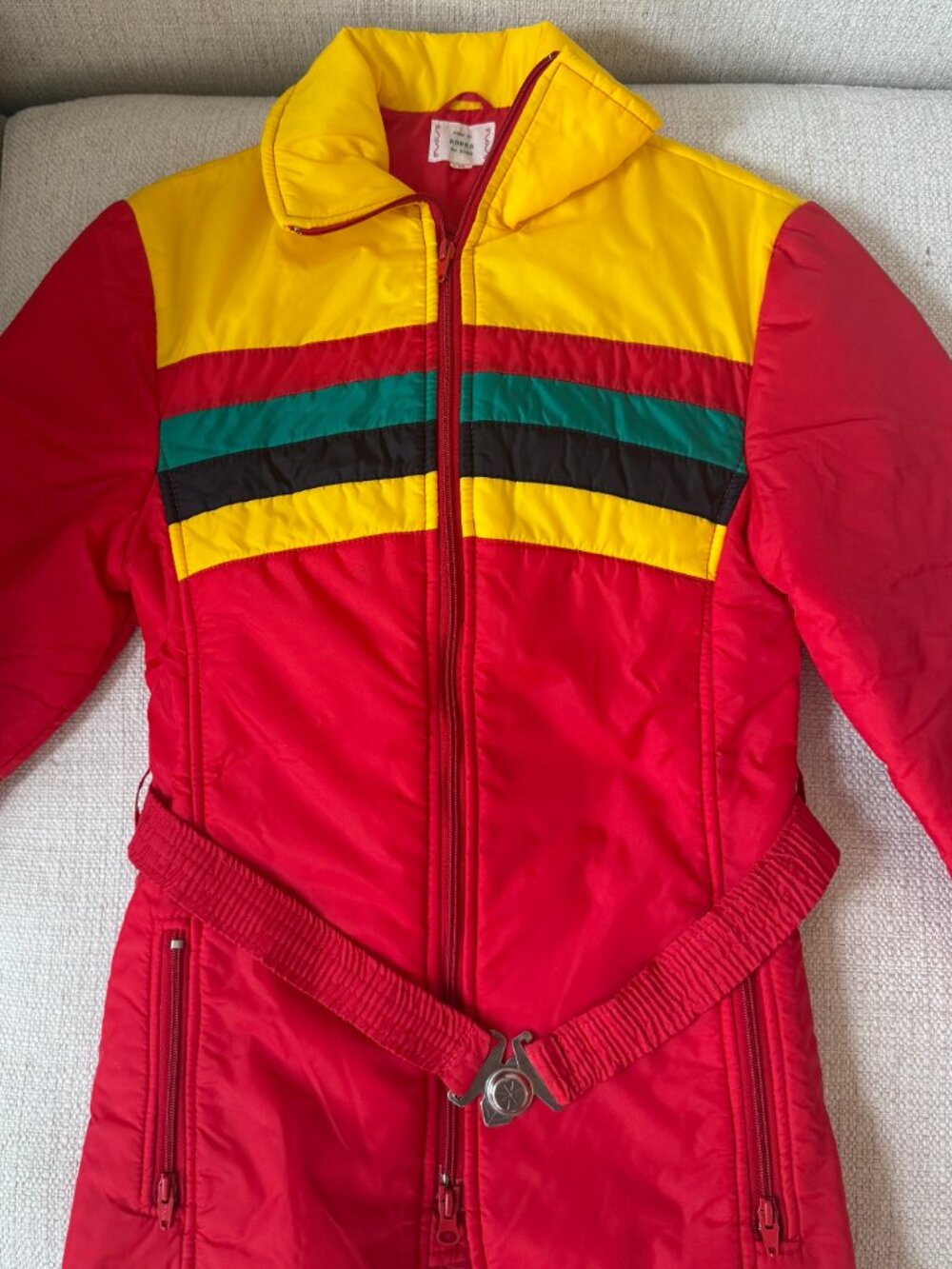 Vintage Retro Belted Ski Jacket Red Yellow Colorblock Coat